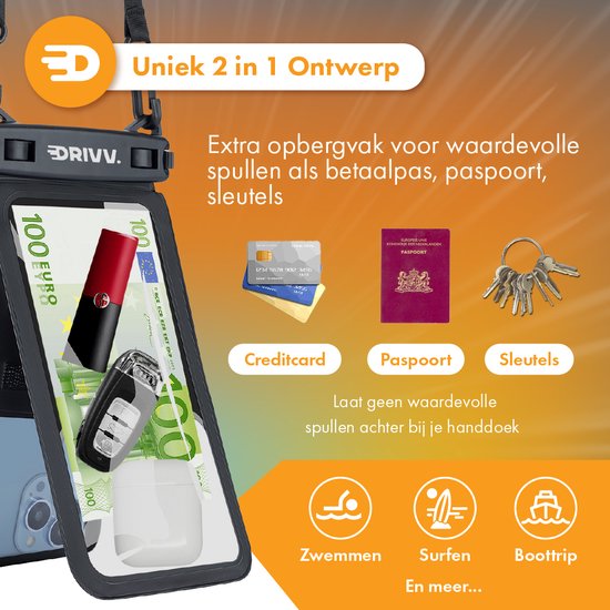 Drivv. Waterdicht Telefoonhoesje 2 in 1 met Koord - Universeel tot 6.7 inch – Onderwater hoesje telefoon - Zwart