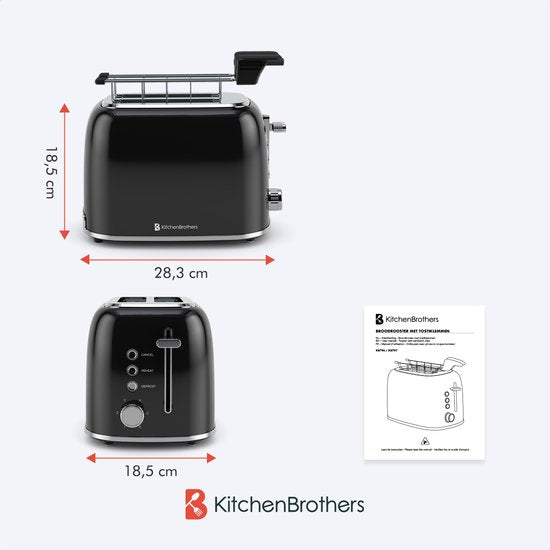 KitchenBrothers Broodrooster met Tostiklemmen - Toaster - 6 Warmteniveaus - Brede Sleuven - Broodrooster - 870W - Zwart