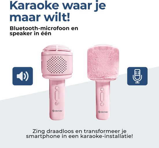 Denver Karaoke Microfoon Bluetooth – Draadloos – Speaker met Fluffy Afwerking – Karaoke Set – AUX - MicroSD – KMS30RO