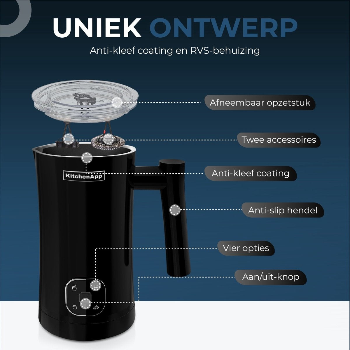 KitchenApp Melkopschuimer elektrisch - Schuimen en verwarmen - 4 in 1 - 350ML - Zwart