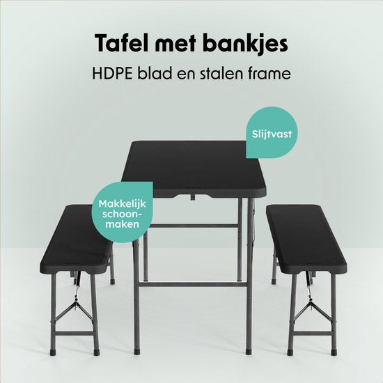 LifeGoods Inklapbare Picknickset - 124cm x 61,5cm - Tuintafel met 2 Banken - Weerbestendig - Campingtafel - Biertafel Opklapbaar - Voor Binnen en Buiten - Voor 4 tot 6 Personen - Zwart