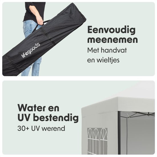 LifeGoods Partytent - 3x3 m - Zijwanden - Easy Up - Paviljoen - Opvouwbaar - Waterdicht - Draagtas met Wieltjes - Wit