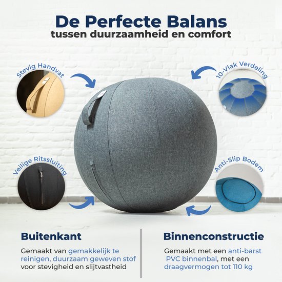 Backerz Zitbal 75 CM - Zitballen met Hoes Linnen - Ergonomische Bureaustoel Kantoor en Thuis - Luxe Yoga Bal - Antraciet