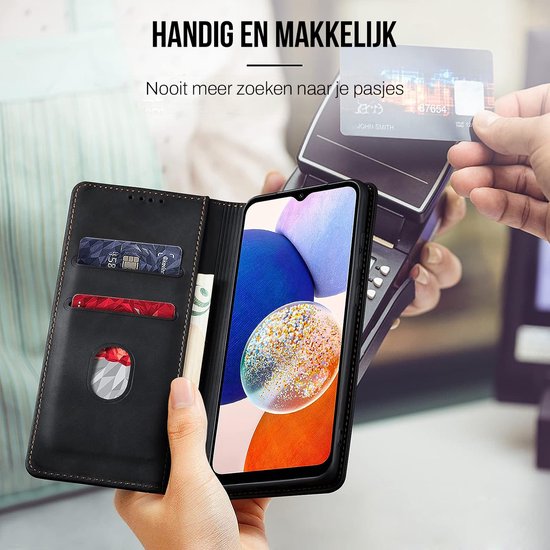 Podec Hoesje met Pasjeshouder geschikt voor Samsung Galaxy A14 Zwart Telefoonhoesje - Anti-Shock Bookcase Cover met 1x Screenprotector