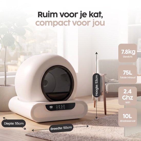 Infinity Goods Automatische Kattenbak XXL - Zelfreinigende Kattenbak - Incl. App - 75L - Met Kattenbakmat en 3 Rollen Opbergzakjes