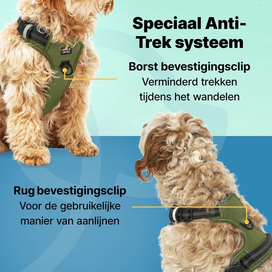 Jake en Jacky - Hondentuigje - Anti-Trek Tuig - Hondenharnas - Y Tuig Hond - Reflecterend - M - Groen