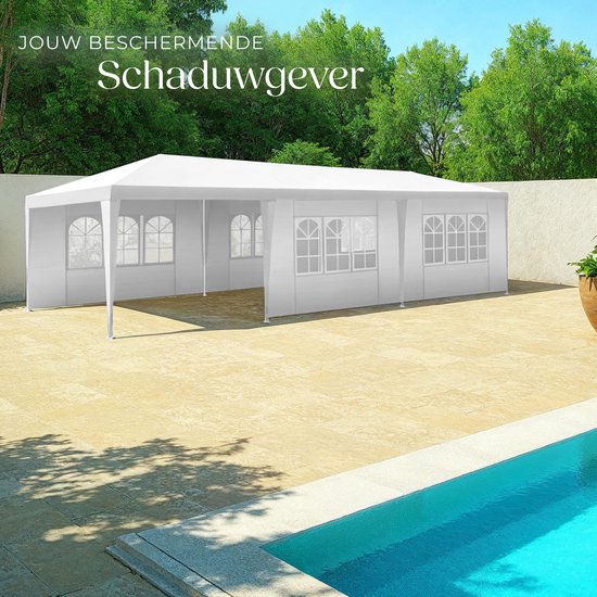 tectake® Paviljoen Miramas - Partytent 9x3 m - Wit - 8 verwijderbare Zijpanelen - UV en Waterbestendige Tuinpaviljoen - Inclusief Spanlijnen en Haringen - Overkapping