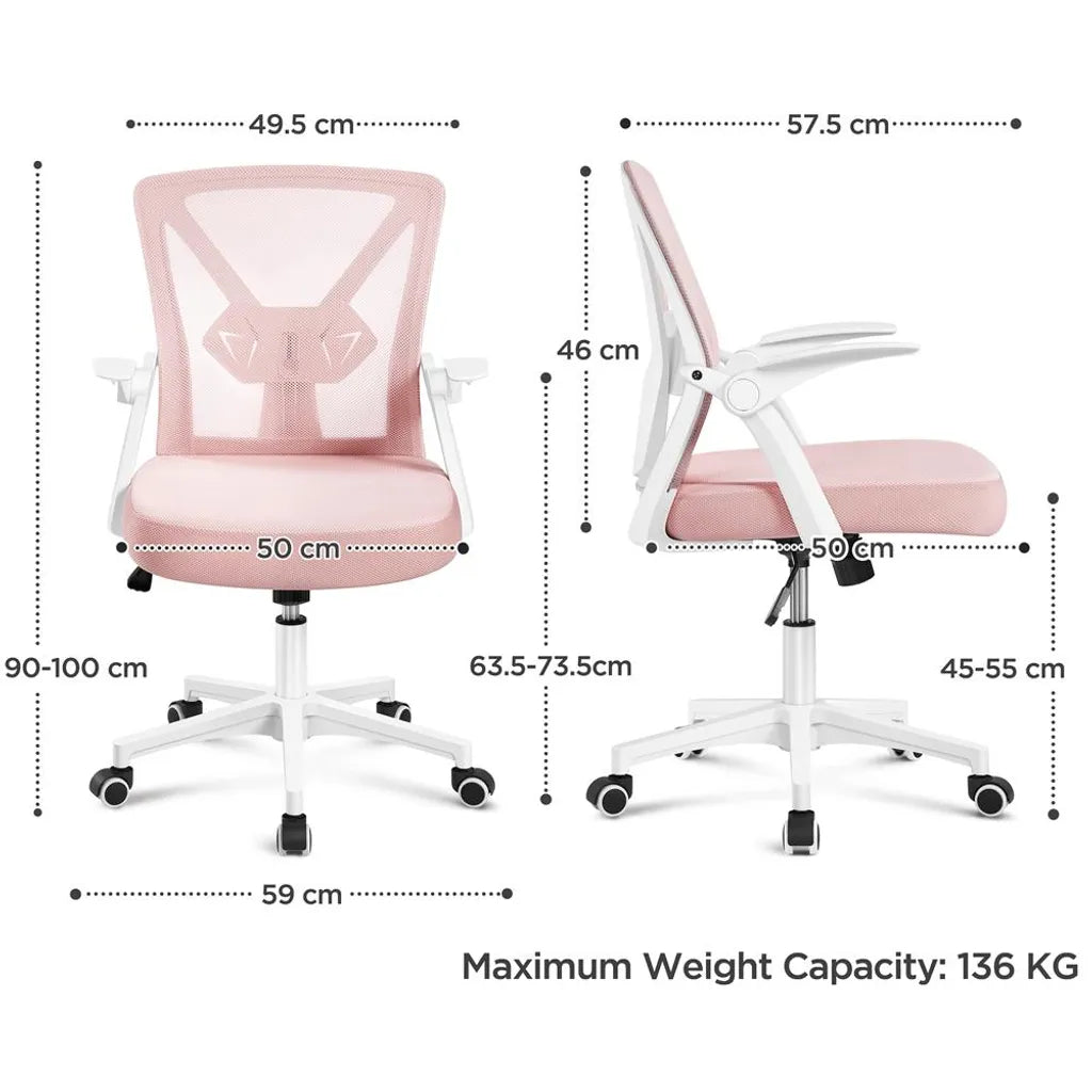 Yaheetech Ergonomische Bureaustoel Verstelbaar 59 x 57,5 x 90-100 cm - Roze - Mesh Bureaustoel met Opklapbare Armleuningen en Lendensteun