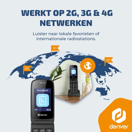 Denver Senioren Mobiele Telefoon 4G - Grote Toetsen - SOS knop - Smartphonevrij opgroeien - Oplaadstation - GSM - Bluetooth - FM Radio - Volledig NL en FR - Model 2026 - BAS24800L