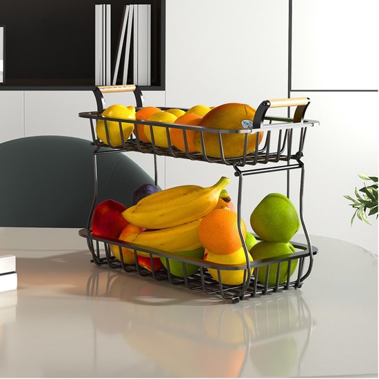 Posity Fruitschaal 2 Laags - Fruitmand - Fruit Etagere - Groentemand - Draadmand - Fruitrek - Hout & Metaal - Zwart