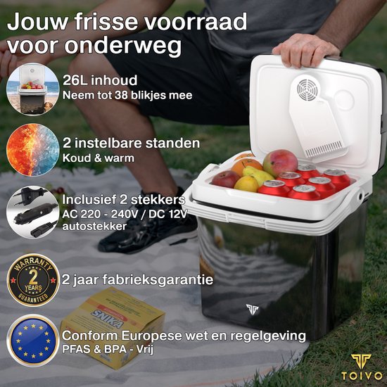 Toivo Elektrische Koelbox - 26 Liter - 12V en 230 volt - Auto - Camping Koelkast - Koelen en Verwarmen - Frigobox - Zwart