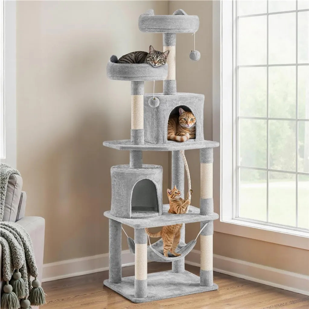 Yaheetech Grote Kattenkrabpaal met 2 Kattenhuisjes en Hangmat - Lichtgrijs - 181 cm