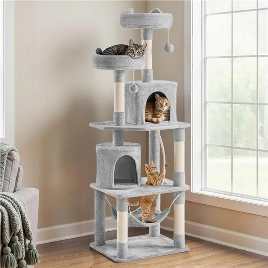 Yaheetech Grote Kattenkrabpaal met 2 Kattenhuisjes en Hangmat - Lichtgrijs - 181 cm