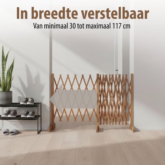 maxxpro Uitschuifbaar Hondenhek - Veiligheidshekje Uittrekbaar tot 117cm - voor Trap of Deuropening - Traphekje zonder Boren - Hondenrek Binnen en Buiten - Hout