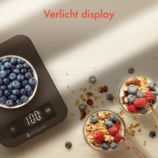 KitchenBrothers Keukenweegschaal - Weegschaal Keuken - Digitaal - 1g tot 10kg - Inclusief Batterijen - RVS/Gunmetal Black