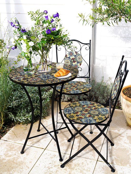 AXI Amélie Bistro Stoelen – Inklapbaar – Yellow Breeze – Metalen inklapbare tuinstoelen – Hoge rugleuning – Set van 2 stuks – Mozaïeklook – Ingelegd met keramische tegels – 150 kg draagkracht – Tuin, terras of balkon