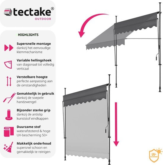 tectake - klemluifel - Zonnescherm – Zonneluifel - Verstelbaar - Klem-zonwering - Zonnescherm Balkon - 200 x 180 cm – zwartgrijs – zonwering - 404959