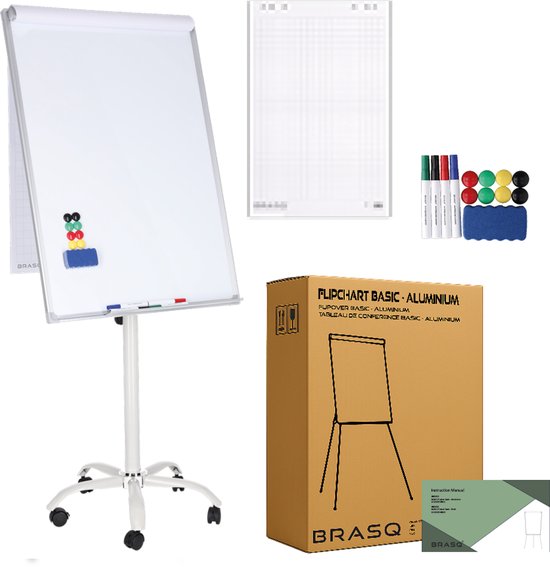 BRASQ Flipover Verrijdbaar - 70x100 cm - Verstelbaar Whiteboard - Inclusief 25 vellen papier, 4 stiften, 8 magneten, wisser - Flipover met papierklem en haken - Magnetisch bord - Magneetbord - Wit