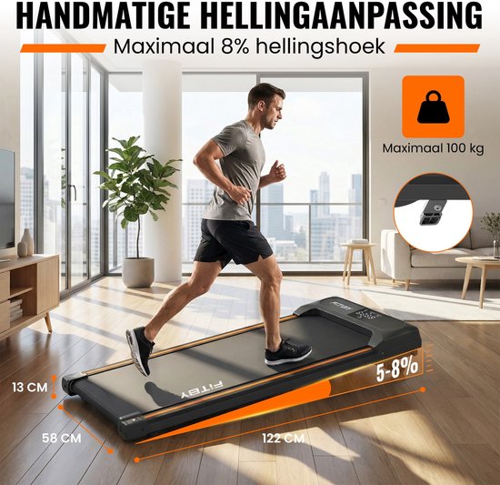Fitby Loopband - Loopband met helling 5% - 8% - Hardloopband 1-8 km/u - Treadmill - Wandelband - Zwart Oranje