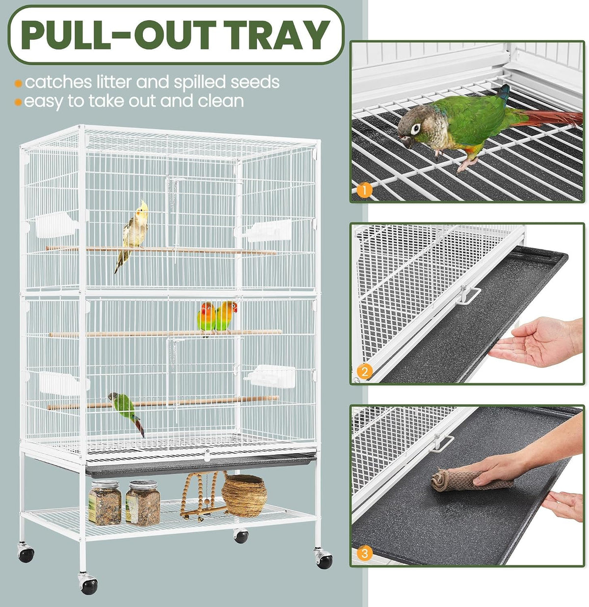 Yaheetech Vogelkooi met Standaard – 79 × 51,8 × 132 cm – Wit – Parkietenkooi met Wielen, 3 Houten Zitstokken en 4 Voederbakken
