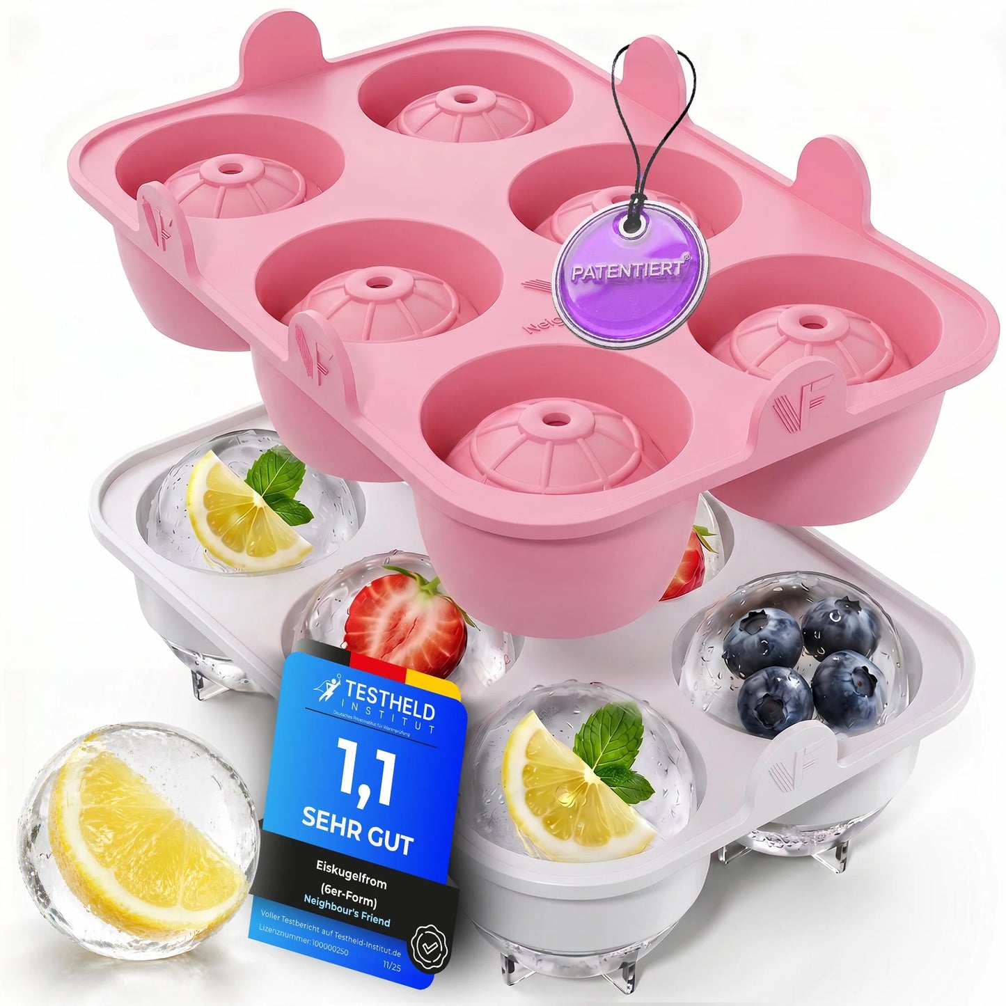 Neighbour's Friend Patenteerde Eiskugelform XXL Roze 2er Set – Grote Ronde Ijsblokjesvorm Platina Siliconen