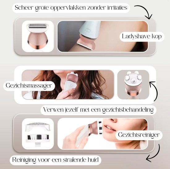 Sansbeauté® 6-in-1 Ladyshave Gezicht - Oksels - Benen - Bikinilijn - Scheerapparaat Vrouw - Epilator - Epileerapparaat Dames - Trimmer Vrouw - Bikinitrimmer - USB Oplaadbaar