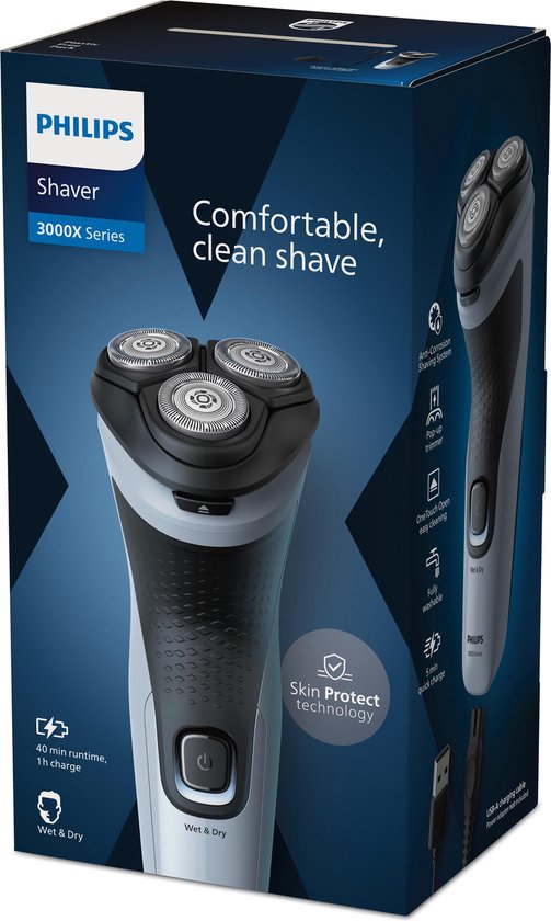 Philips Shaver 3000X X3003/00 –Nat & droog - Scheerapparaat voor mannen - Met trimmer – Blauw