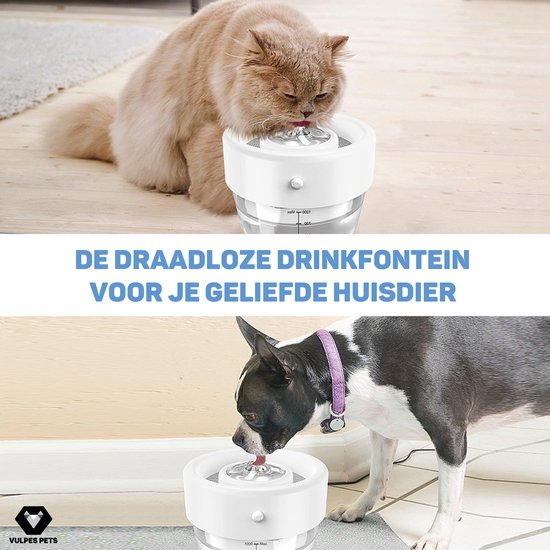 Vulpes Goods® Huisdieren - Drinkfontein voor Kat & Hond – Draadloze Kattenfontein – Waterbak en Waterfontein Kat – Oplaadbaar, Draagbaar & Draadloos - Drinkbak Hond - Anti Knoei - PRO Versie