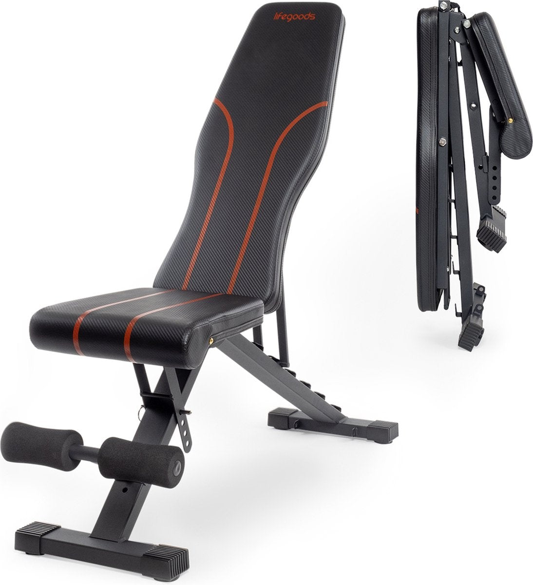 LifeGoods Fitness Halterbank - Fitnessbank - Bench Press - Trainingsbank - Verstelbaar - Inklapbaar - Zwart/Rood