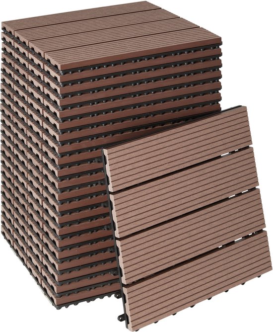 tectake® WPC houten tegels - Houtlook tegels - Weerbestendig - Vloerbedekking voor buiten - Vloertegels - Balkonvloer - Terrastegels met kliksysteem - Afvoer - Set van 22 - Bruin