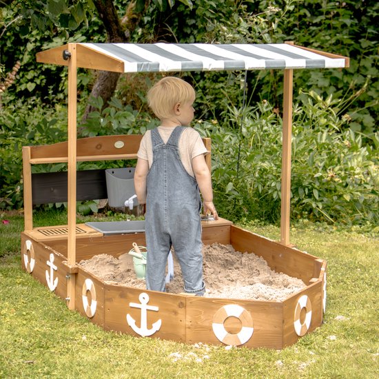 AXI Dora Boot zandbak met speelkeuken en dak (UV50) 160 x 100 cm Antraciet/bruin – Met krijtbord en opbergruimte - Inclusief gronddoek - 10 jaar garantie!