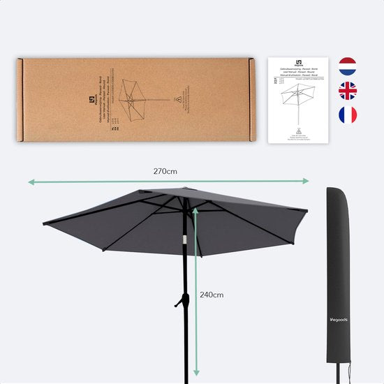 LifeGoods Parasol - Ø270 cm - 30° Kantelbaar - Waterdicht - met Hoes - Donkergrijs