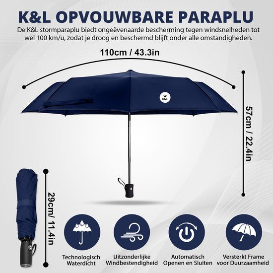 K&L Stormparaplu Opvouwbaar - Stormbestendig tot 100km/u - Automatisch Uitklapbaar Paraplu - Incl. Beschermhoes - Blauw