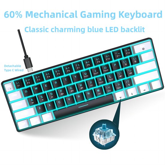 HXSJ V900 - Bedrade Gaming Toetsenbord - Mechanisch - RGB - Blue Switch - 61 Keys - QWERTY Toetsenborden - Zwart wit