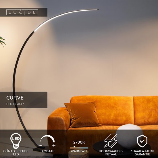 Lucide CURVE - Booglamp - LED Dimbaar - 1x15W 2700K - Zwart