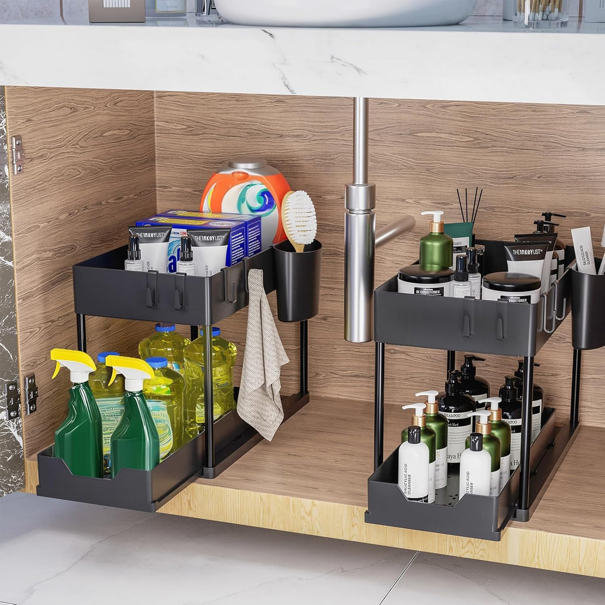 Gootsteenkast organizer met uitschuiflade - 2 niveaus - 39,5 x 21,5 x 35,5 cm - Zwart