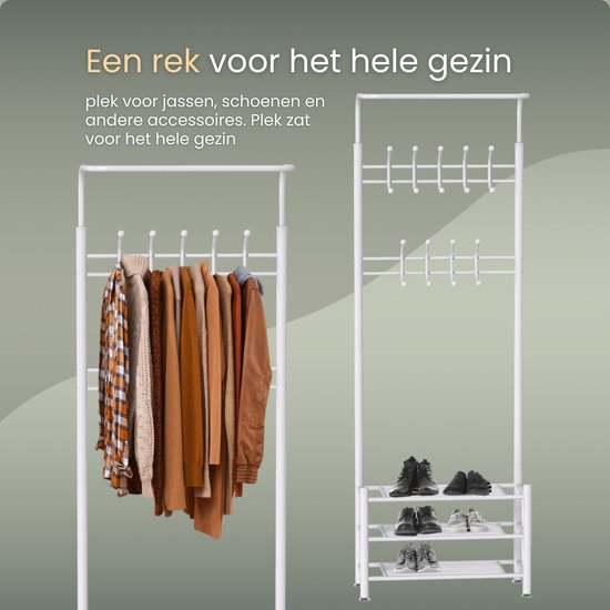 O'DADDY® Staande Kapstok – Met Schoenenrek – Garderoberek Metaal – 66×30×190 cm – Wit