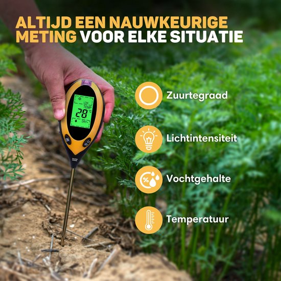 Vulpes Goods® Vochtmeter voor Planten - 4-in-1 - Vochtigheidsmeter - Binnen en Buiten - Hygrometer voor Kamerplanten - - pH, Lichtmeter, Temperatuurmeter en Vochtigheidsmeter - Vochtmeter Grond - PRO versie - Incl. Batterij