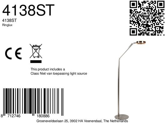 Vloerlamp Ringlux 4138ST - Verstelbare LED leeslamp van geborsteld staal - Draaibaar en kantelbaar - Steinhauer