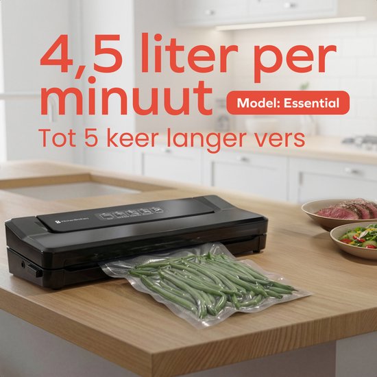 KitchenBrothers Vacumeermachine Essential - 4,5L/min. - Vacuüm Sealer - BPA-vrij - 4 Standen - Incl. 40 Vacumeerzakken en Vacuumslang - Zwart