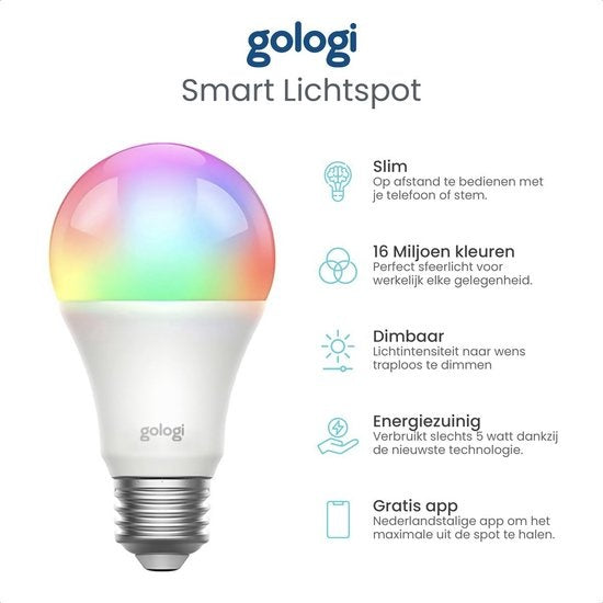 Gologi Slimme e27 bulb lamp - Smart led verlichting - Dimbaar - Wifi - 16M kleuren - RGB