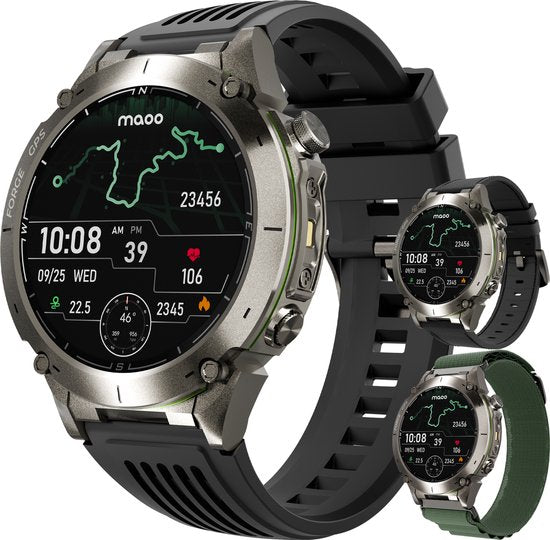 Maoo FORGE GPS Smartwatch Heren – 1.43" AMOLED Display – 3 Bandjes – 170+ Sportmodi – Hartslag, Bloeddruk, SpO₂ – Kompas, Zaklamp – Lange batterij (730 mAh) – 1 ATM – Gun Metal
