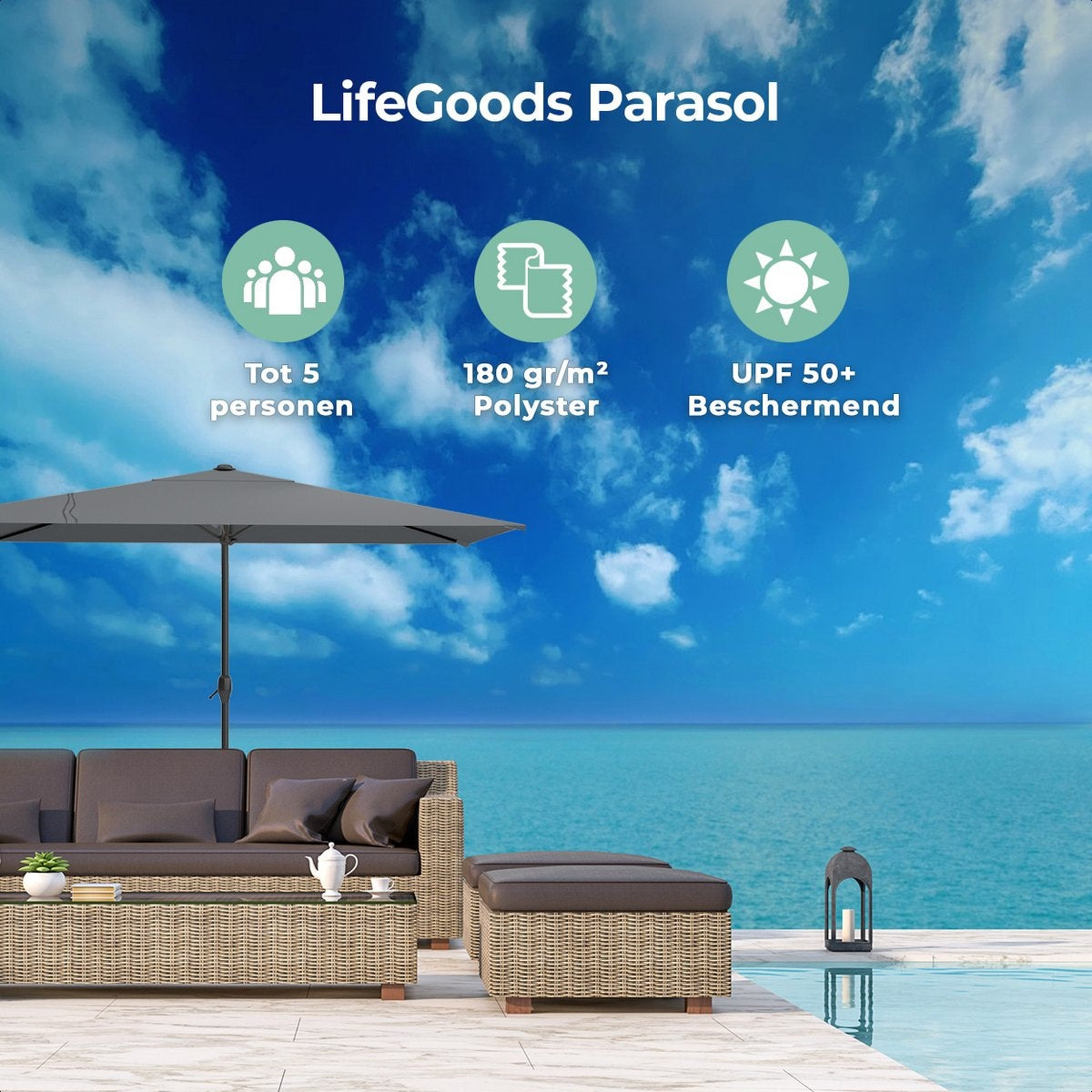 LifeGoods Parasol – Waterdicht & Kantelbaar – 270 x 180 x 245 cm – Donkergrijs
