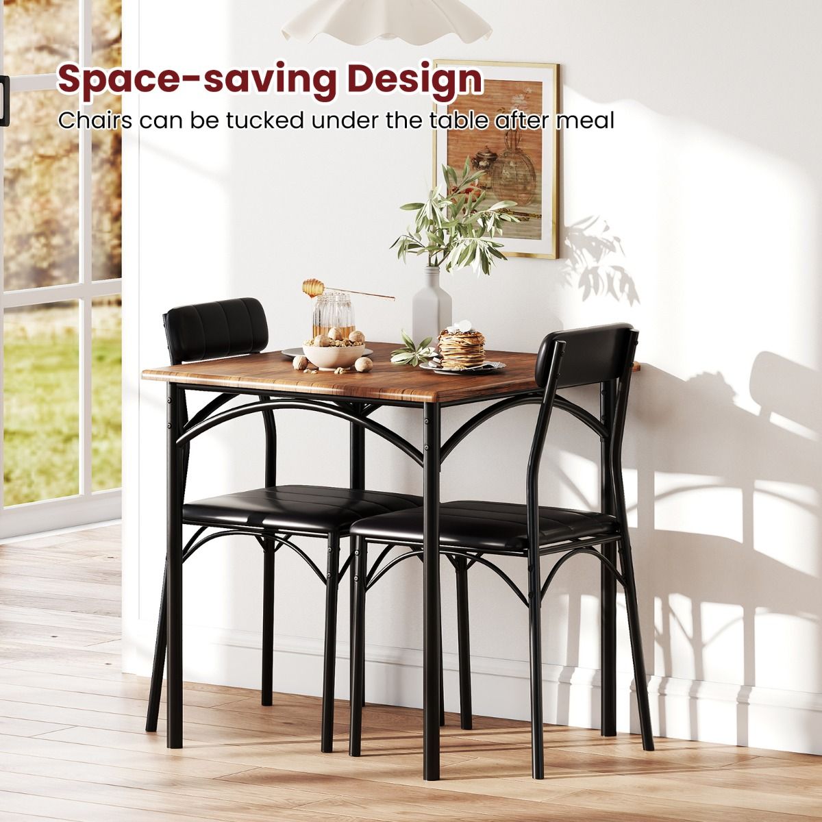 Coast Eethoekset - vierkante tafel met 2 stoelen - kunstleer bekleding - zwart en rustiek bruin