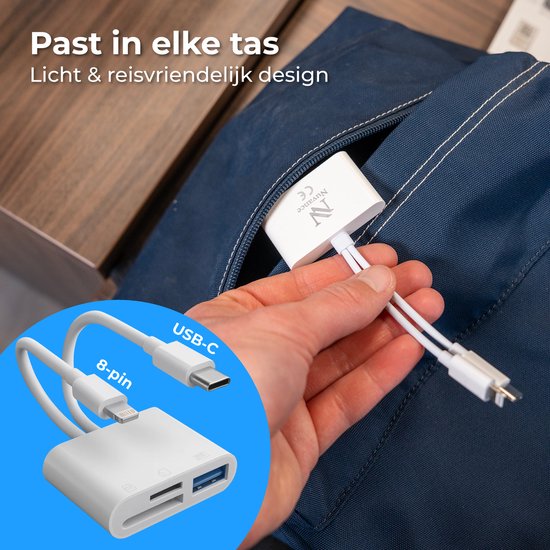 Nuvance SD Kaart Lezer - 3 in 1 - Micro SD Kaart - USB naar USB C - 8-Pin - Geschikt voor alle Telefoons, Tablets & Laptops