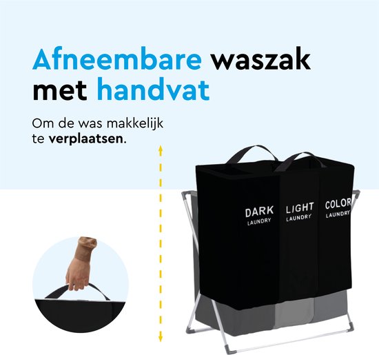 BRASQ Wasmand Opvouwbaar 3 vakken - Wassorteerder 65x39x60 cm - Wasbox Zwart - 118 Liter - Basket