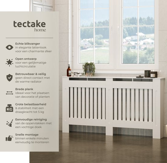 tectake® Radiatorombouw - Radiatorafdekking - Radiatorpaneel - Radiatoromkasting - Verwarmingsombouw - Lamellenontwerp, met plank - Div. afmetingen - 152,5x19x82cm - wit