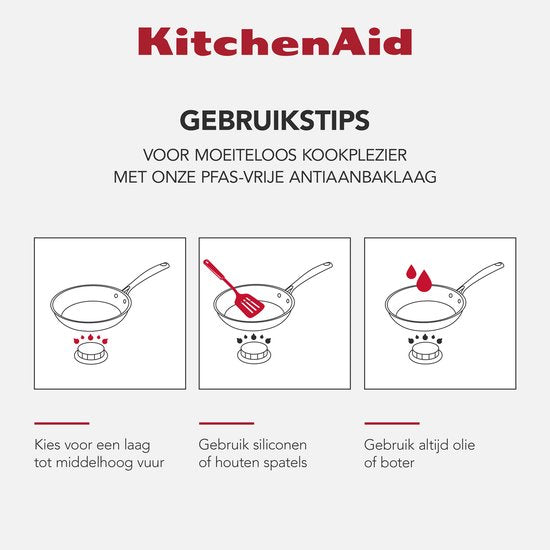 KitchenAid RVS Koekenpannenset 3-delig 20/24/28cm - PFAS-vrije antikleeflaag - Pannenset inductie - Keramische pan - Ovenbestendig tot 220°C - Zilver