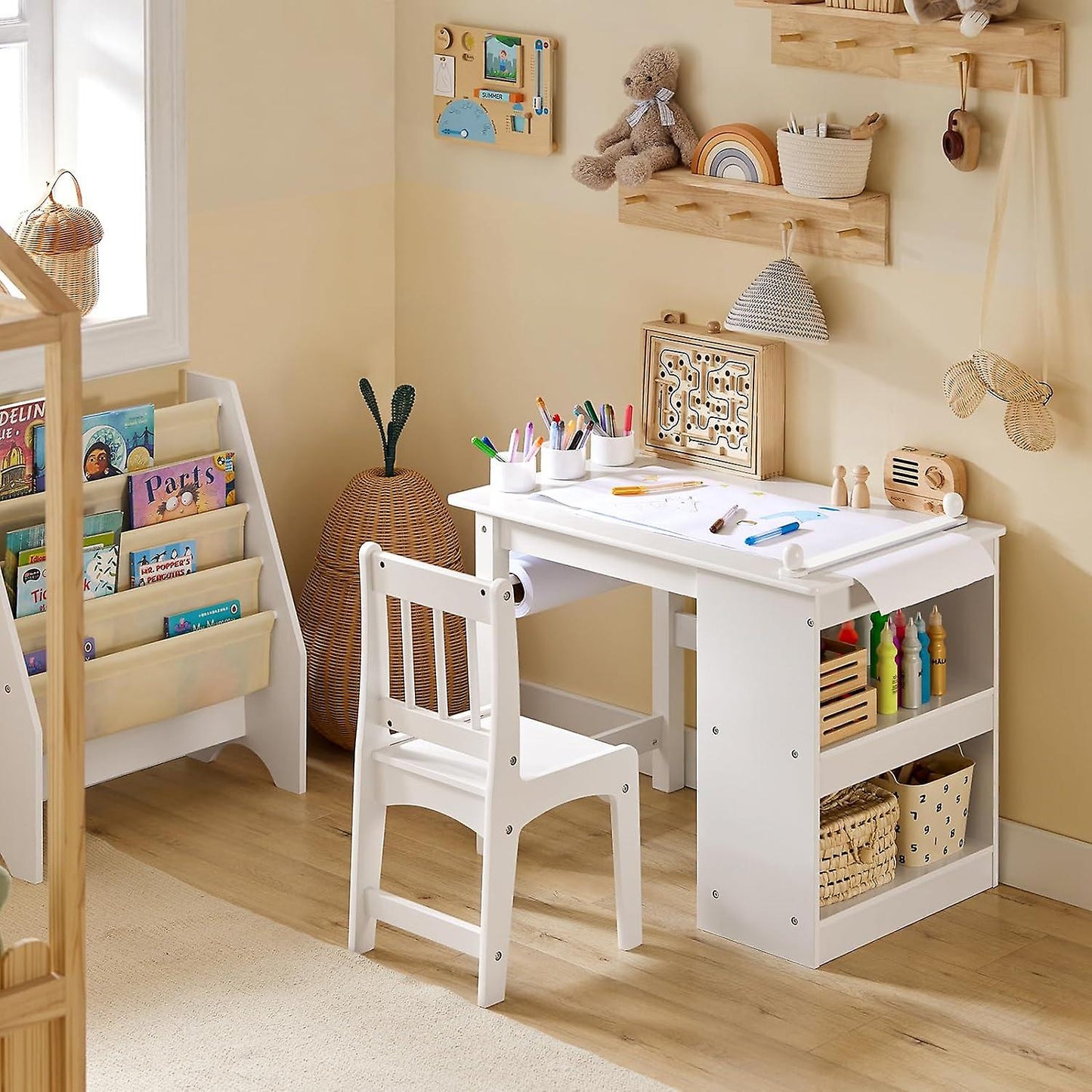 SoBuy Kinderbureau en Stoel Set – Papierrolhouder – 80 x 54 x 65,5 cm – Wit