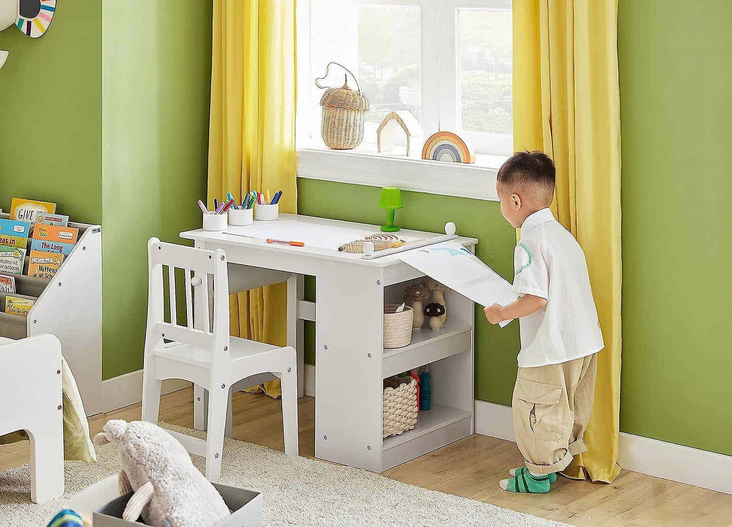 SoBuy Kinderbureau en Stoel Set – Papierrolhouder – 80 x 54 x 65,5 cm – Wit